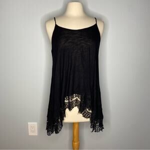 Black Lightweight Tank Top Lace Detail High Low Sides K2